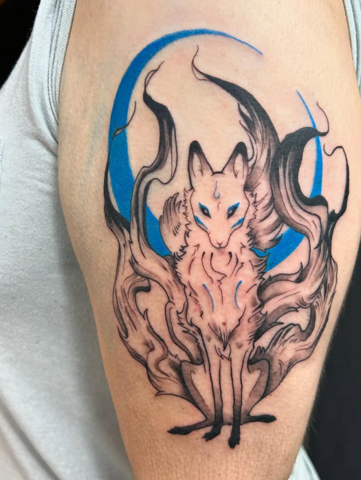 Neo-traditional wolf spirit tattoo with crescent moon.