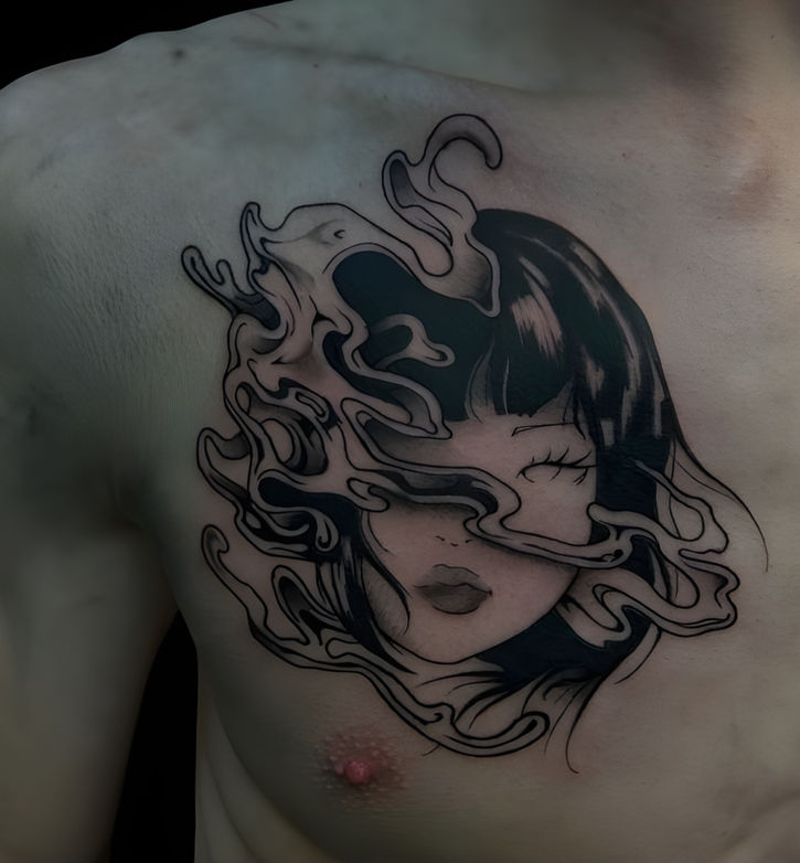 Fine line dark art ethereal portrait chest tattoo Mindcrusher Tattoo Edgewater Chicago