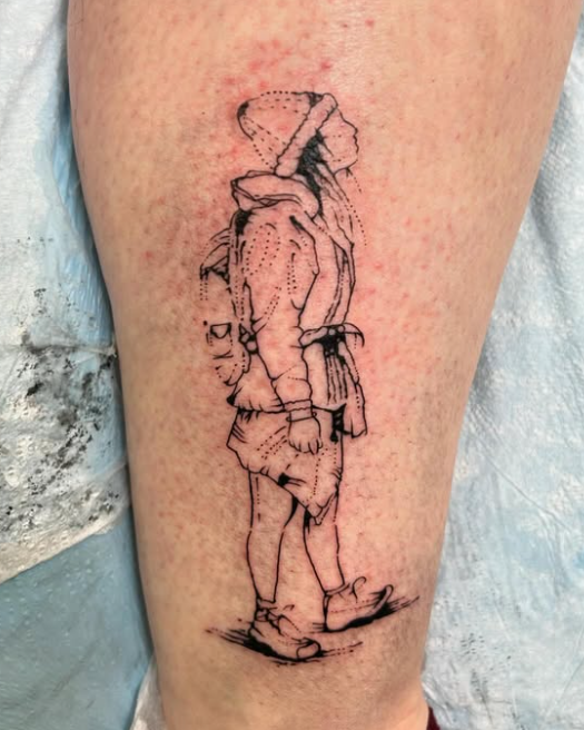 Fine line tattoo of a hiker in an ink wash brushstroke style.