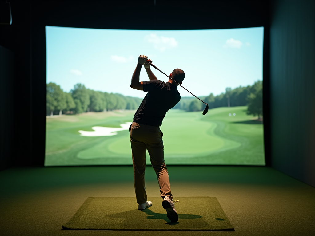 dynamic shot golfer mid swing upgraded simulator bay soft studio lighting professional env