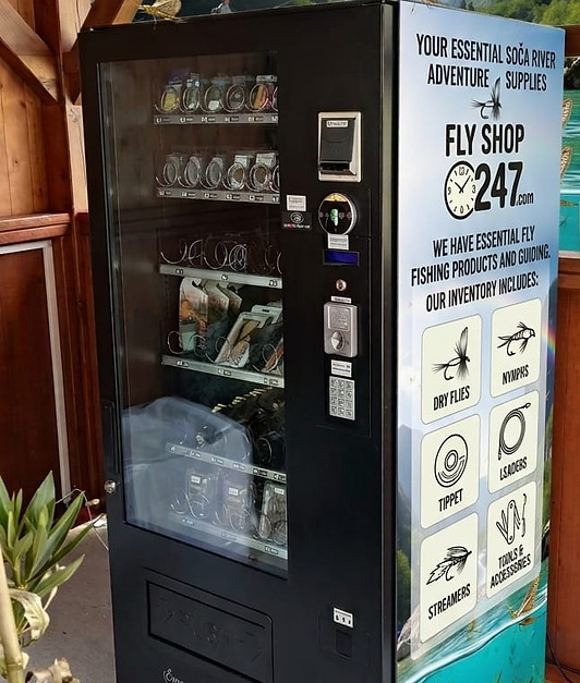 Soca valley fly fishing essesntials in the vending machine at kamp klin