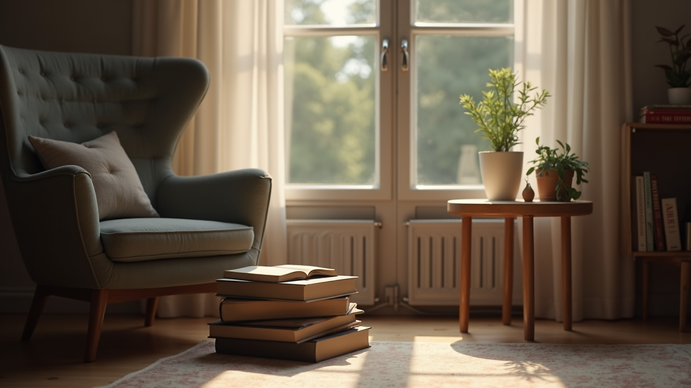 Eye-level view of a cozy reading nook with a comfortable chair and a stack of books