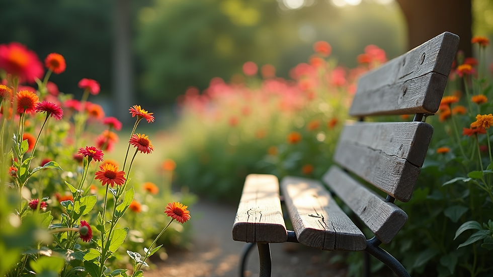 Close-up view of a community garden with colorful flowers and a bench