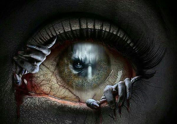 Eye with hands climbing out of it and second eye within the iris.