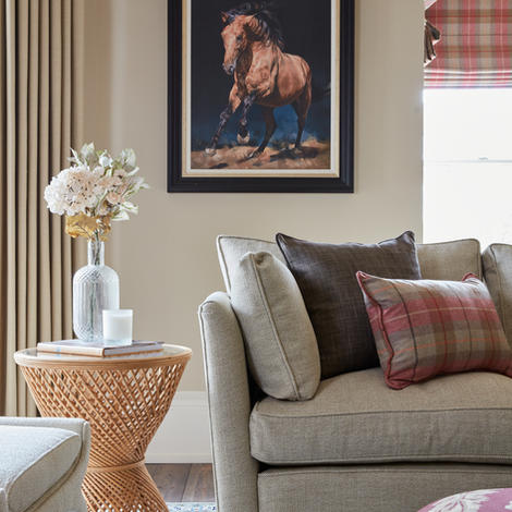 Close up of sofa and end table