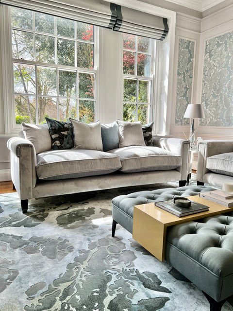 A lounge we completely redesigned and finished in a grade 11 listed house in Howden. This client prefers a slightly more glamorous design style than we usually produce, but we were able to agree a middle ground and the result is stunning. Bespoke sofas upholstered in velvet, a bespoke tray table ottoman, all positioned on a large textured and deep piled rug. Made to measure motorised and automated roman blinds complete the look. 