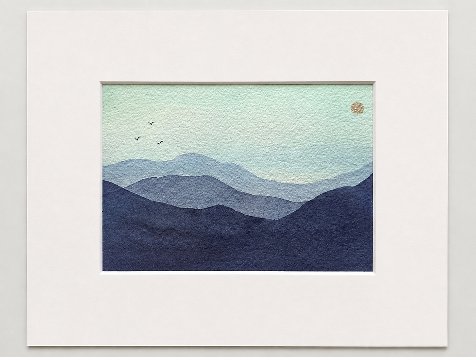 Silver Moon Over Blue Mountains original 5 by 7 watercolor painting in a white 8 by 10 mat