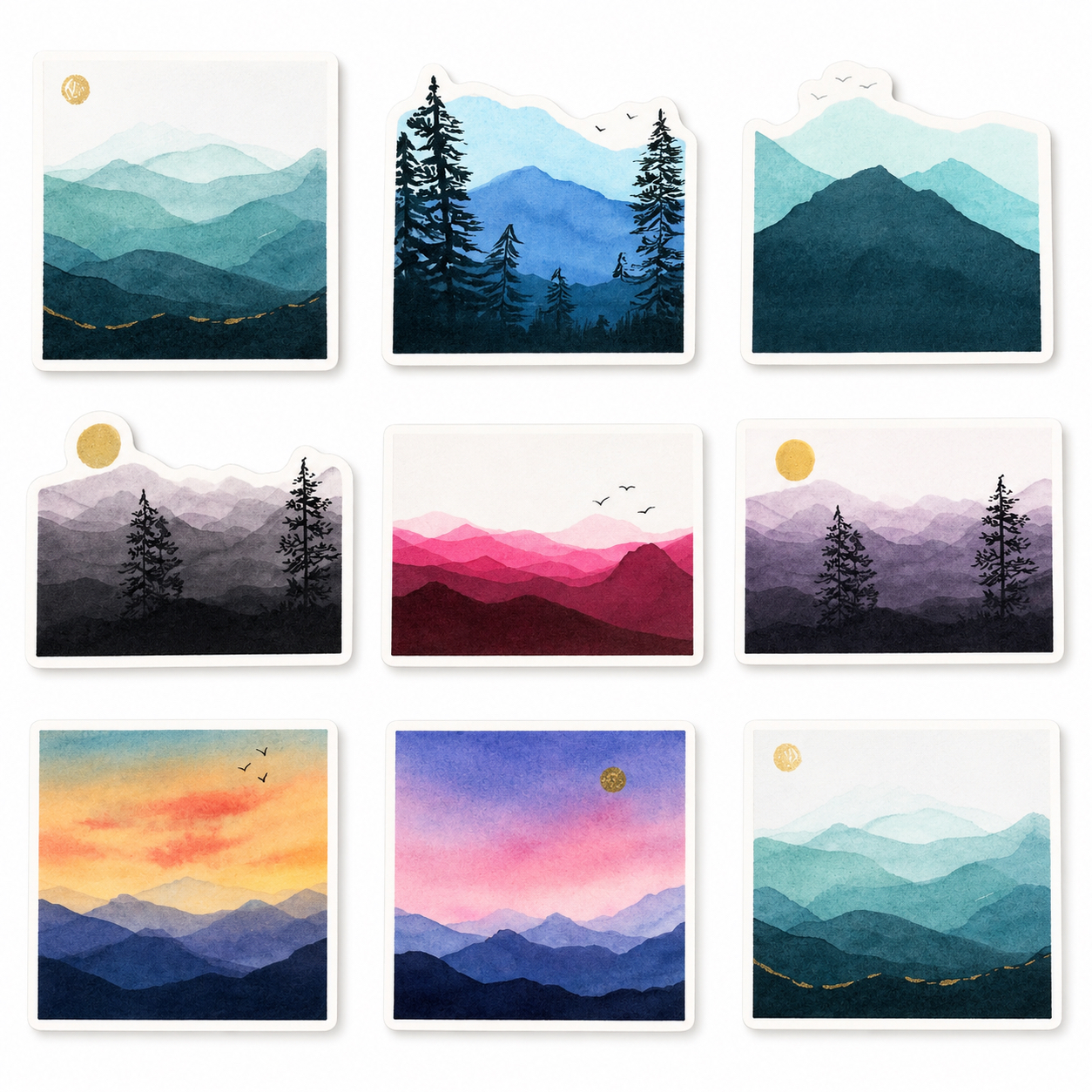 Watercolor Mountain Sticker Pack — Set of 9
