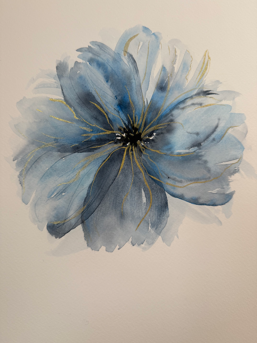 Moonflower — Original Blue & Gold Watercolor, Matted 11×14 — image 2