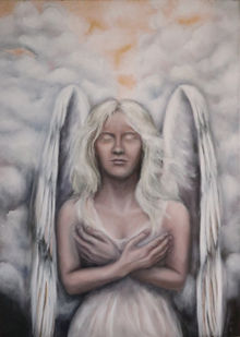 Hier zie je een engel met gekruiste handen. In stilte van je hart, in kalmte van je geest ontmoet je je vriendelijke begeleider, je beschermengel.