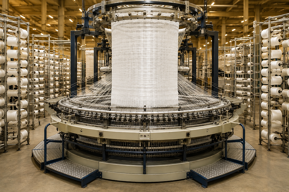 Circular industrial loom manufacturing white PP woven fabric in a packaging factory.