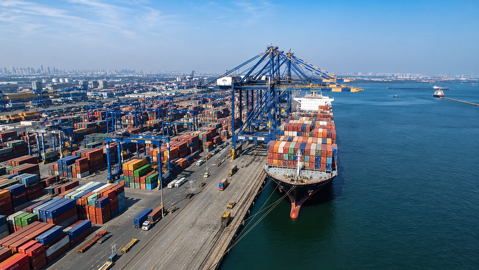 Aerial view of a busy Indian cargo port during daytime, featuring rows of colorful shipping containers, large blue cargo cranes, and a massive container ship docked beside the terminal under a clear blue sky.