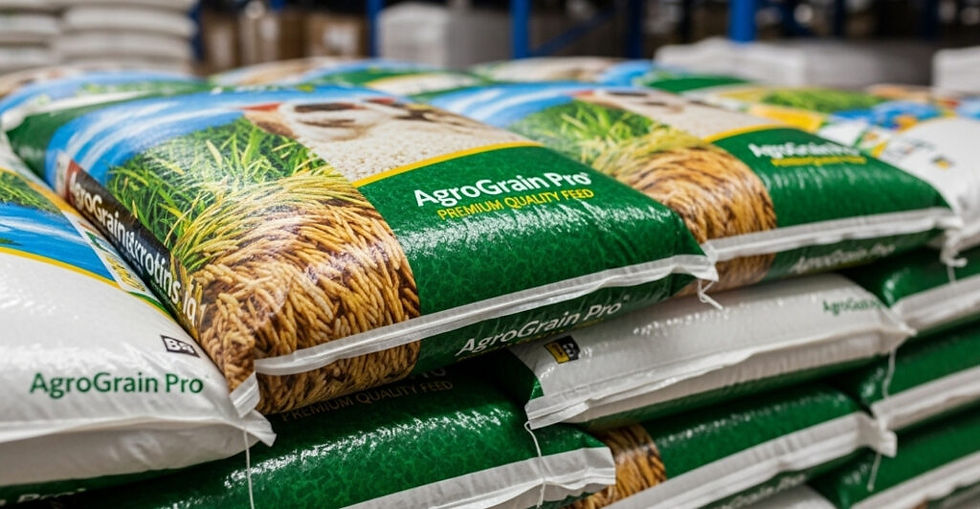 Stacked BOPP laminated woven bags filled with grain, showcasing durable packaging and high-quality printed branding for agricultural products.