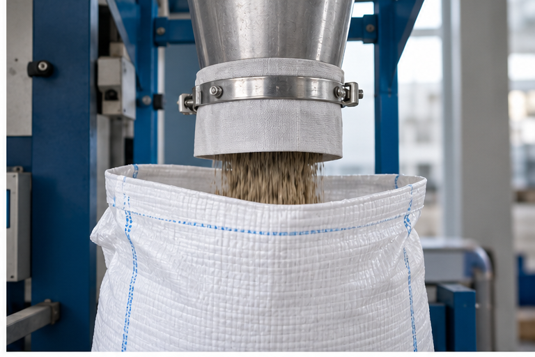PP woven bag being filled through an industrial filling machine spout
