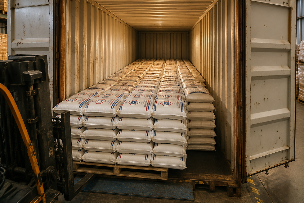 PP woven bags neatly stacked on a pallet inside a shipping container, ready for export.