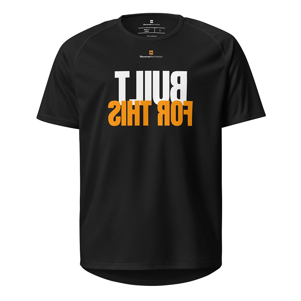 Black BUILT FOR THIS Impact motivational workout shirt with mirror readable design, front view.