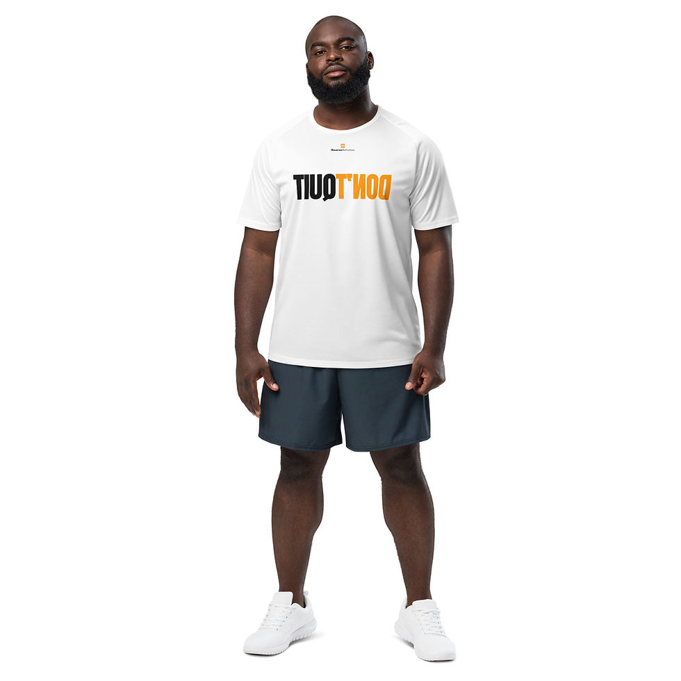 Thumbnail: Man wearing the DON’T QUIT Horizon motivational workout shirt in white, front view.
