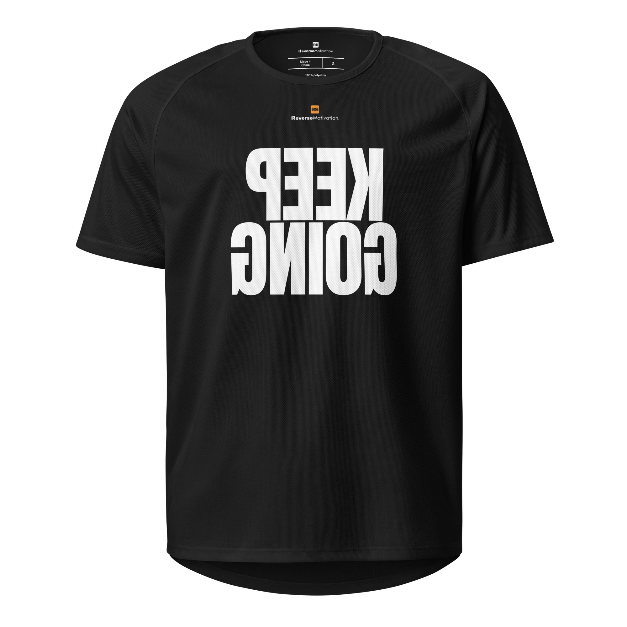 Black KEEP GOING Classic motivational workout shirt with mirror readable design, front view.