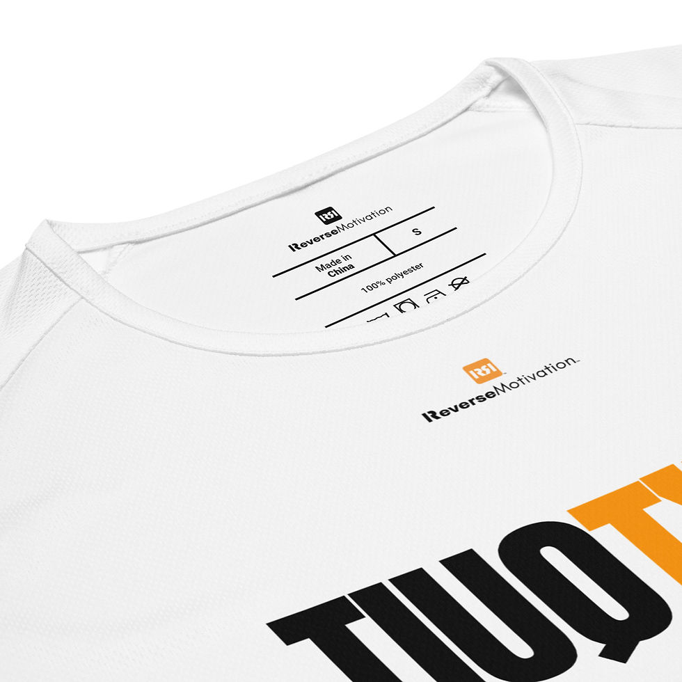 Thumbnail: Close up of the white DON’T QUIT Horizon motivational workout shirt showing neckline and print detail.