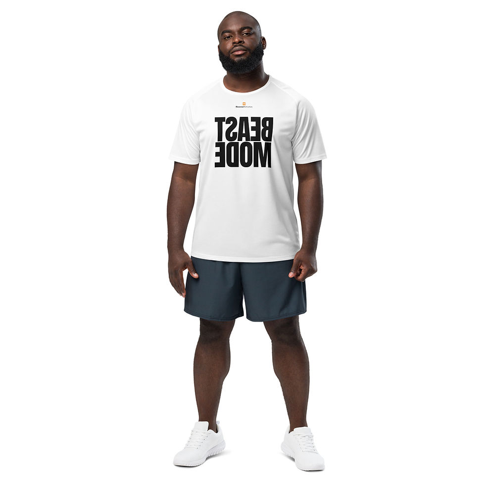 Thumbnail: Man wearing the BEAST MODE Classic motivational workout shirt in white, front view.