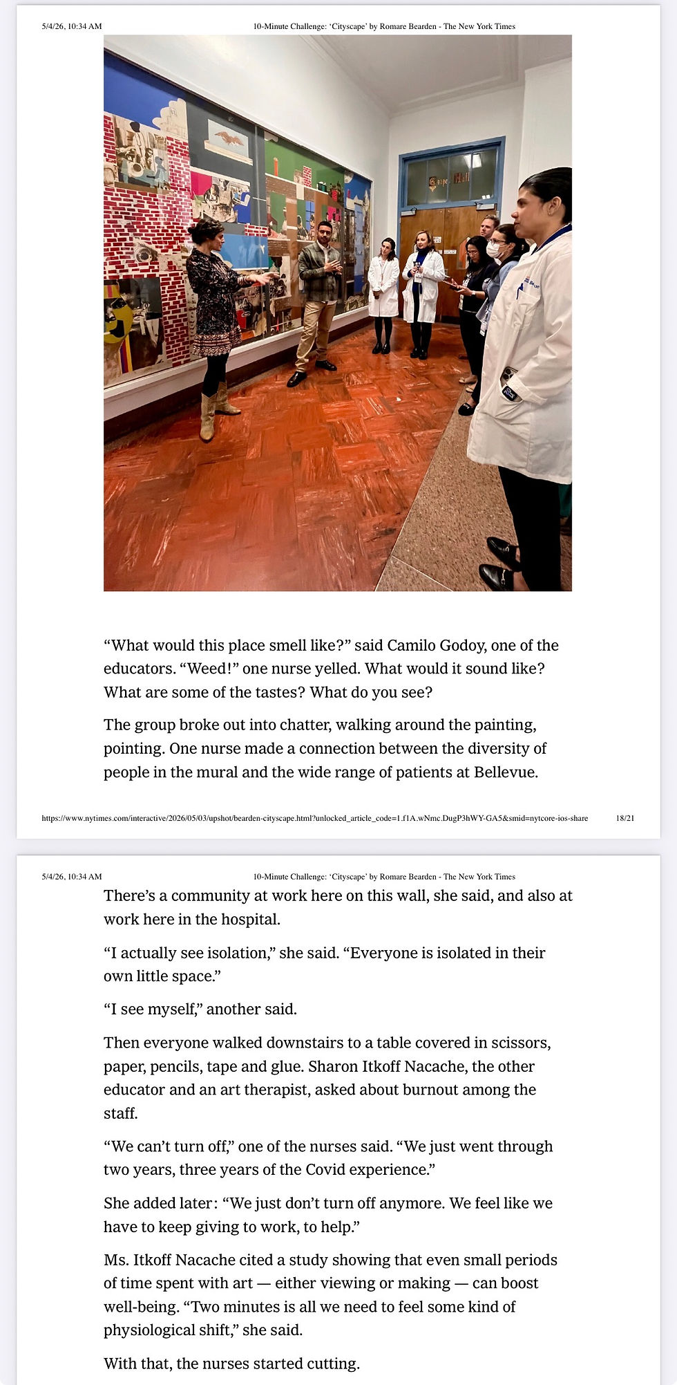 May 2026 NY Times article featuring an art therapy for caregiver burnout workshop at Bellevue hospital as part of the partnership between the Whitney Museum of American Art and NYC Health + Hospital's Arts in Medicine department.