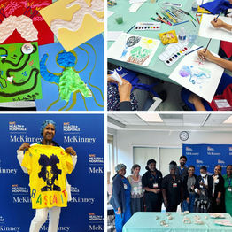 Images from a monthly series of workforce wellness workshops involving watercolor, clay, and printmaking to alleviate caregiver burnout at a skilled nursing facility in Brooklyn.
