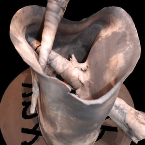 A top-down interior view of a pit-fired ceramic vessel sculpture. The photograph reveals the hollow inside of the wounded container, which is aggressively breached and intersected by ceramic skewers piercing through the walls from the outside. The surface shows a smokey, organic gray and white pit-fired finish against a black background