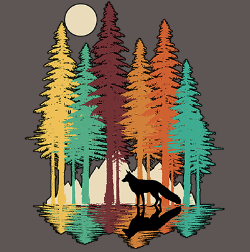 Thumbnail: Silhouette of a wolf by a lake under a full moon with colorful pine trees in shades of teal, orange, yellow, and burgundy