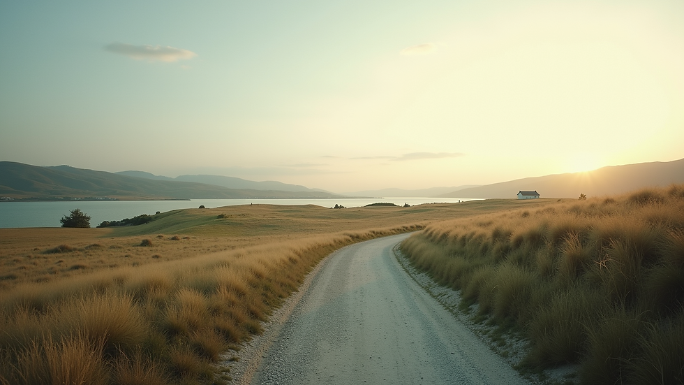 Wide angle view of a serene landscape with a winding path