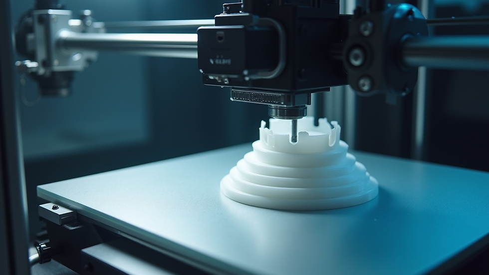 High angle view of a 3D printer producing a detailed plastic prototype