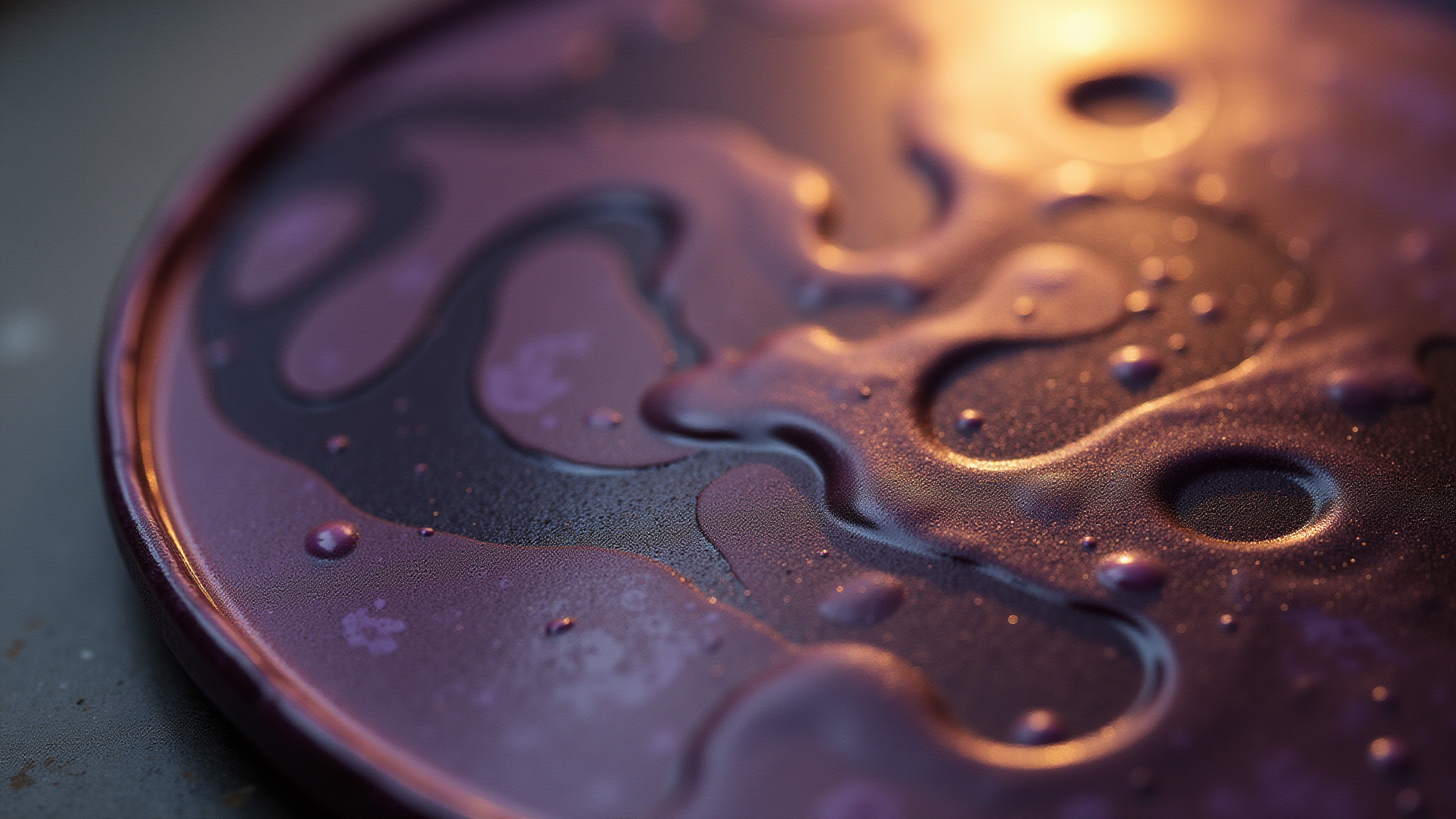 Close-up of spilled liquid with abstract shapes and purple reflections