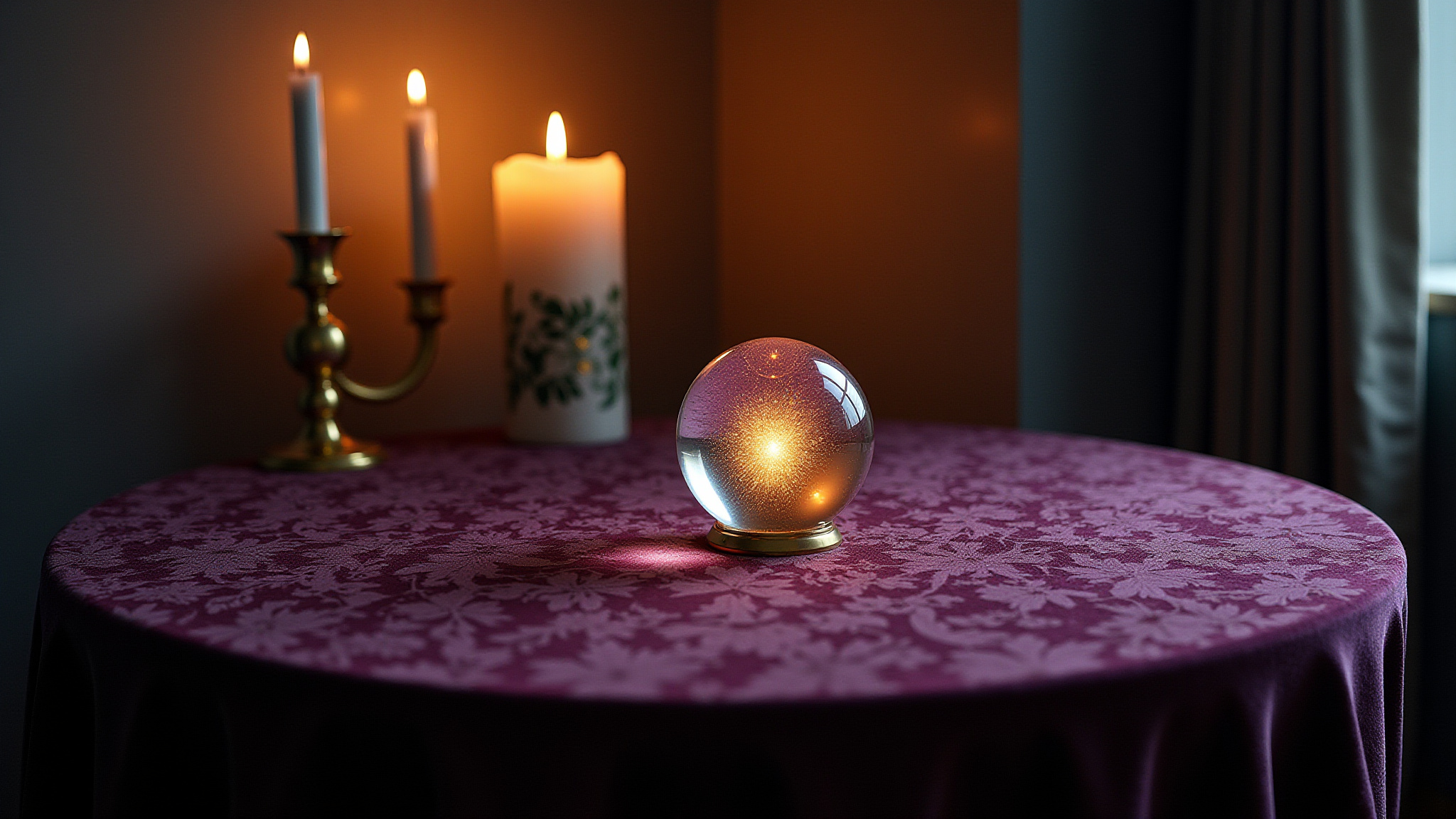 Crystal ball on table with candles, a fortune telling setting.