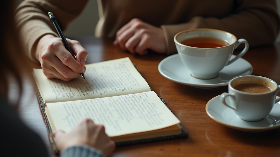 High angle view of a person writing in a journal with a cup of tea nearby