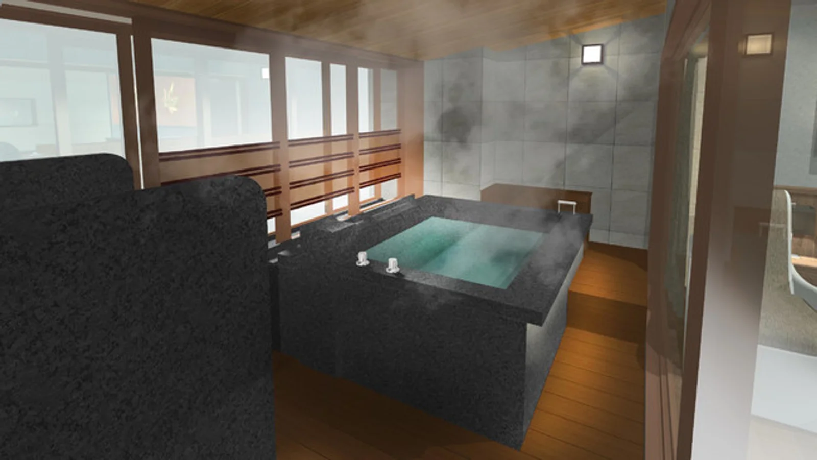 Private semi-open-air hot-spring bath in Kinsuikan's Otona no Kyujitsu room