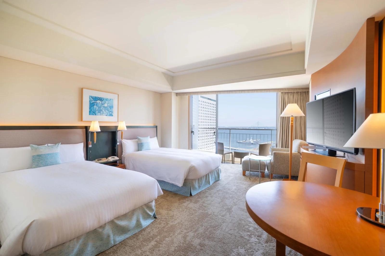 Spacious twin room with Minato Mirai bay view at The Yokohama Bay Hotel Tokyu