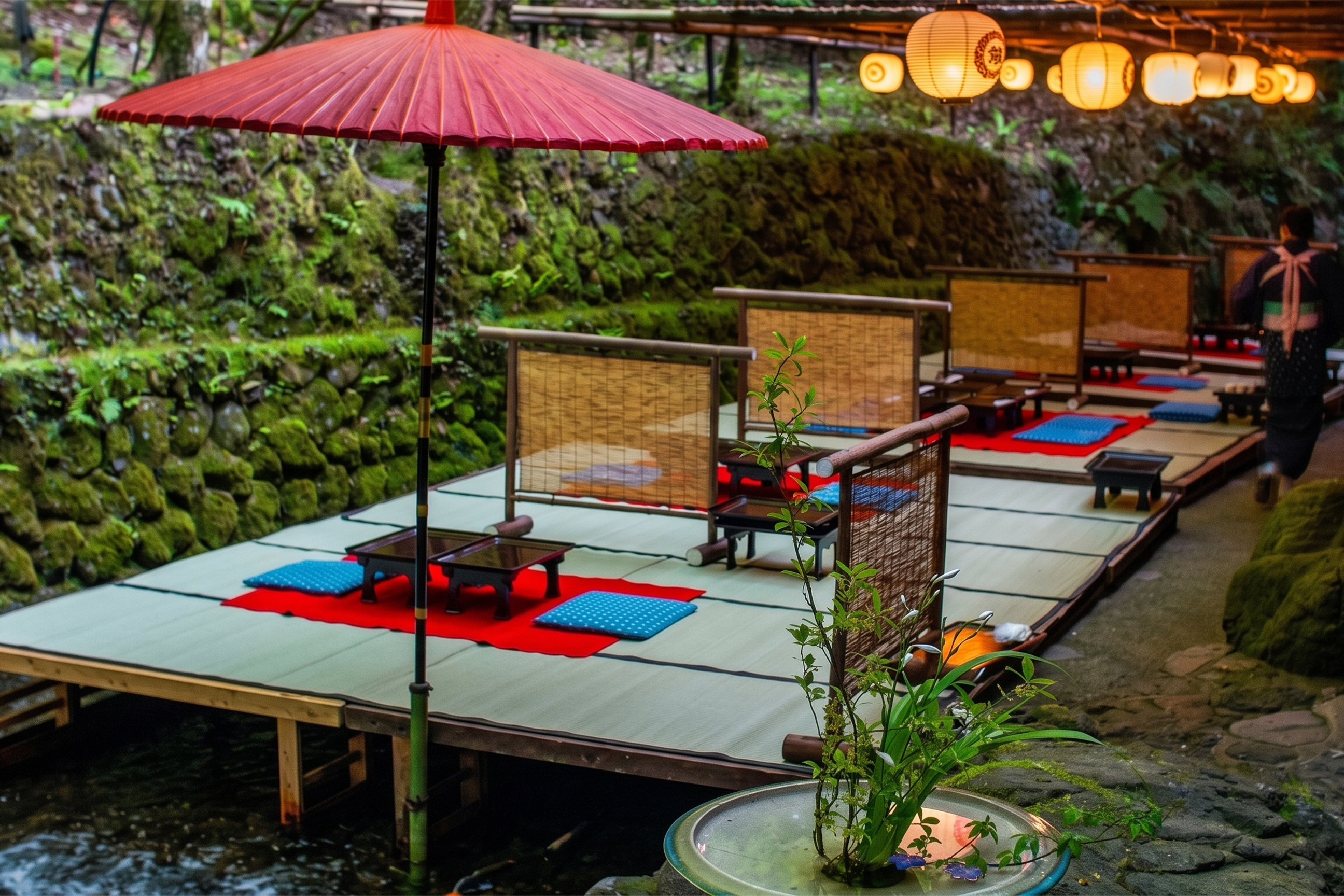 Kibune Fujiya riverside dining deck with lanterns beside the flowing river