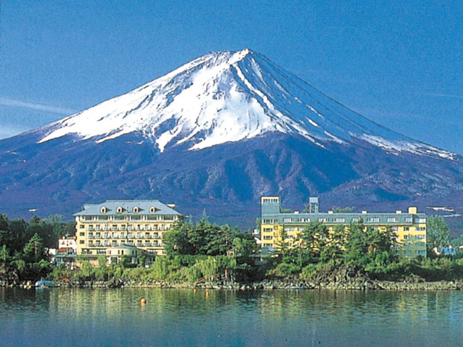 Exterior of Fuji Lake Hotel by Lake Kawaguchi with Mount Fuji