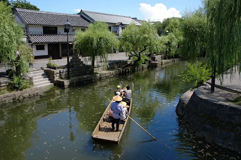 倉敷川舟穿過白牆、柳樹與石橋之間的美觀地區實景