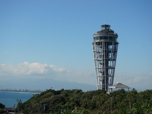 Enoshima Sea Candle above the island, for a Kamakura and Fujisawa two-night accommodation comparison