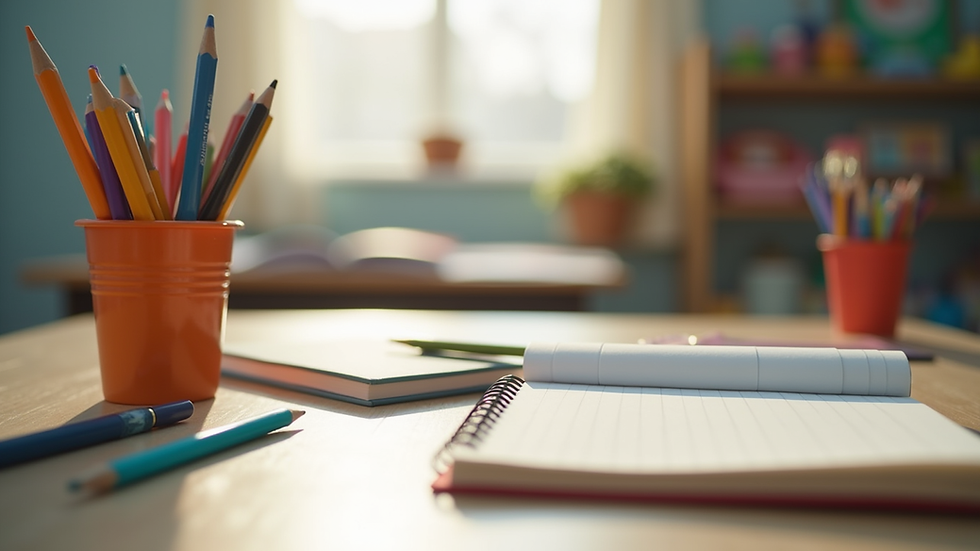Eye-level view of a child’s desk with colourful learning materials and a notebook