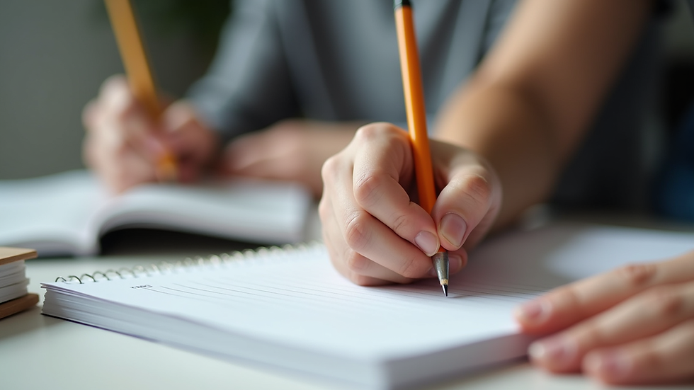 Close-up view of a tutor’s hand guiding a child’s hand on a workbook