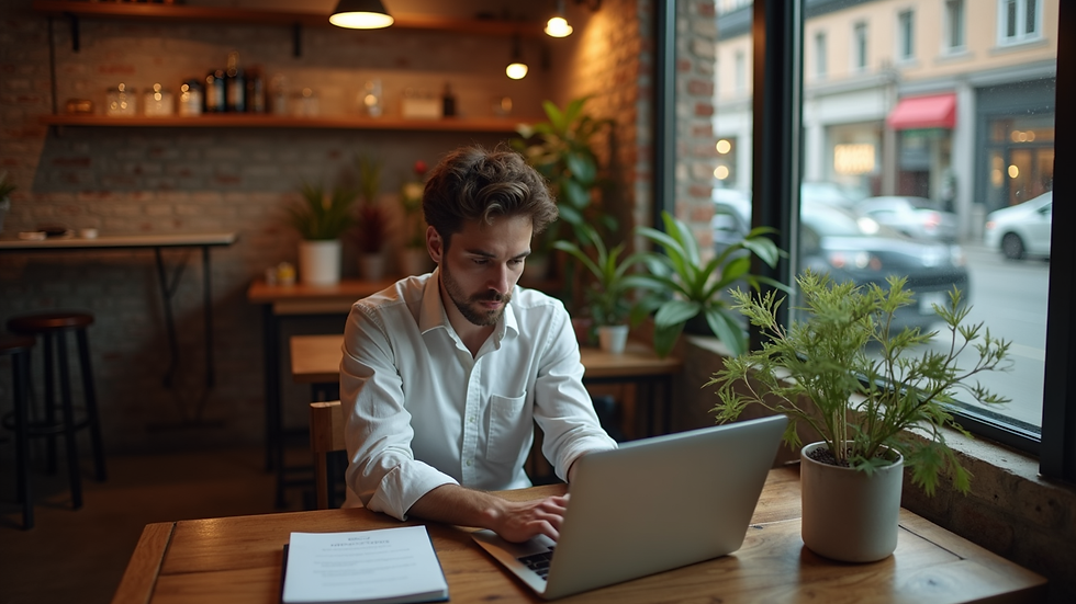 High angle view of a small business owner working on a laptop in a cozy cafe