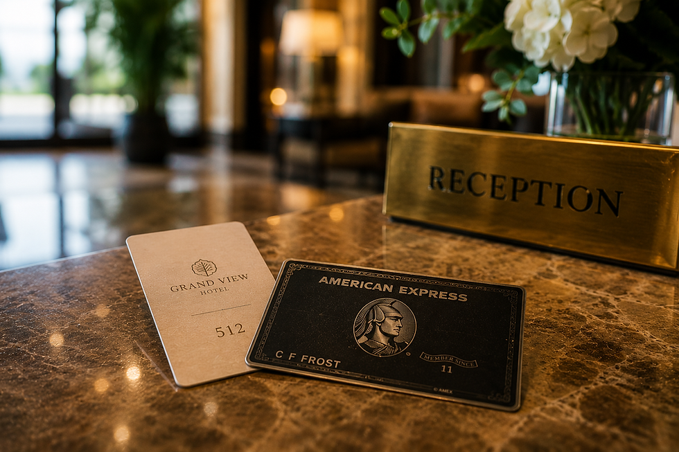 Hotel reception desk with a room key card and American Express card on a marble counter, warm upscale lobby blurred behind.