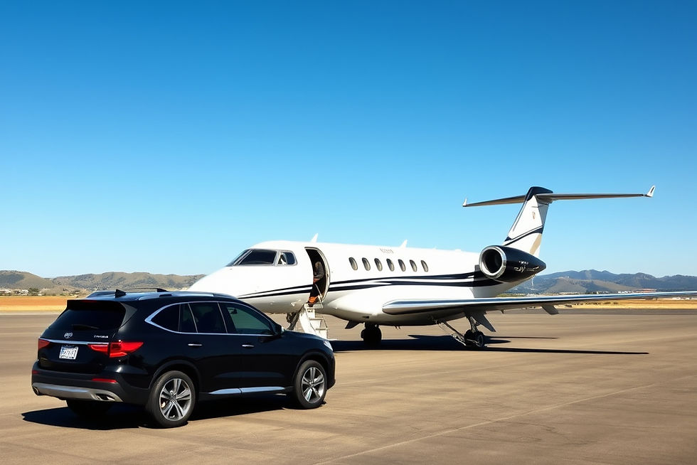 A private jet parked on a runway under a clear blue sky. A person climbs onboard. A black SUV is parked nearby. Hills in the background.
