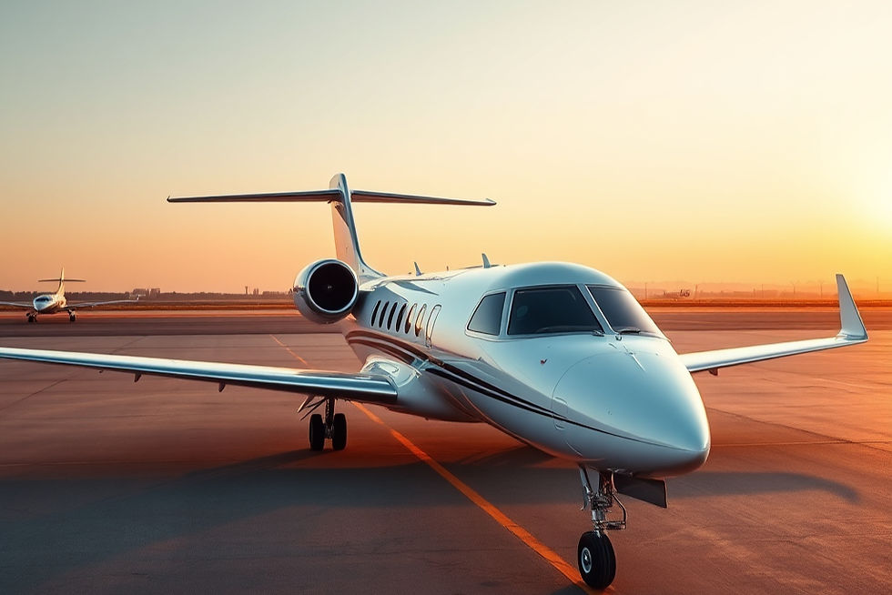 White private jet on runway at sunset, another plane in the distance, warm orange sky and calm airport scene
