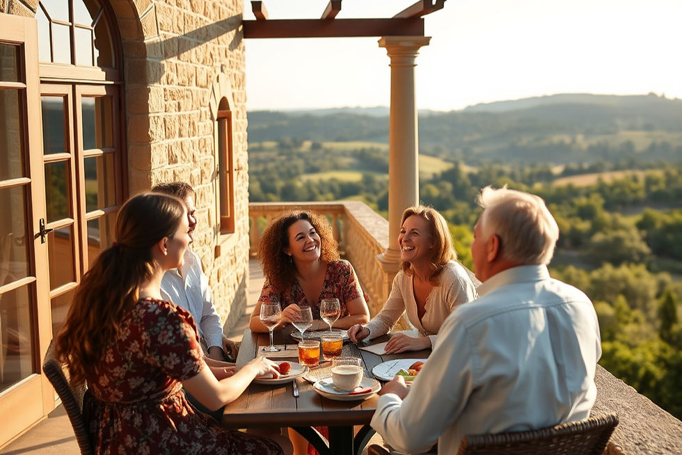 Five people share drinks and a meal on a sunny stone terrace with rolling green hills in the background.