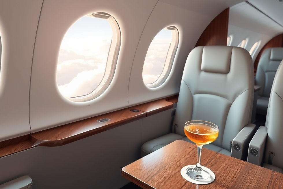 Luxury private jet cabin with empty leather seats and a cocktail on a wooden table beside bright windows above the clouds.