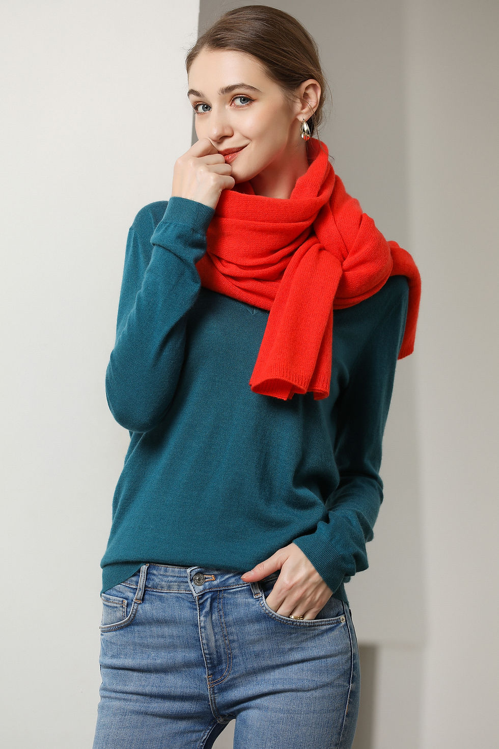 No.46 PURE CASHMERE TRAVEL WRAP - ORANGE RED ( SIZE : 200CM X 60CM )