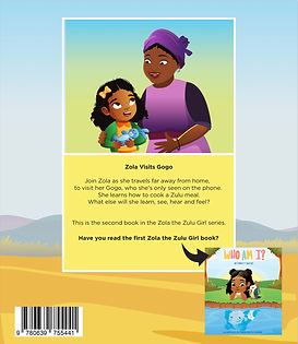 Back cover of the children's book Zola Visits Gogo, featuring a synopsis and illustrations related to the story.