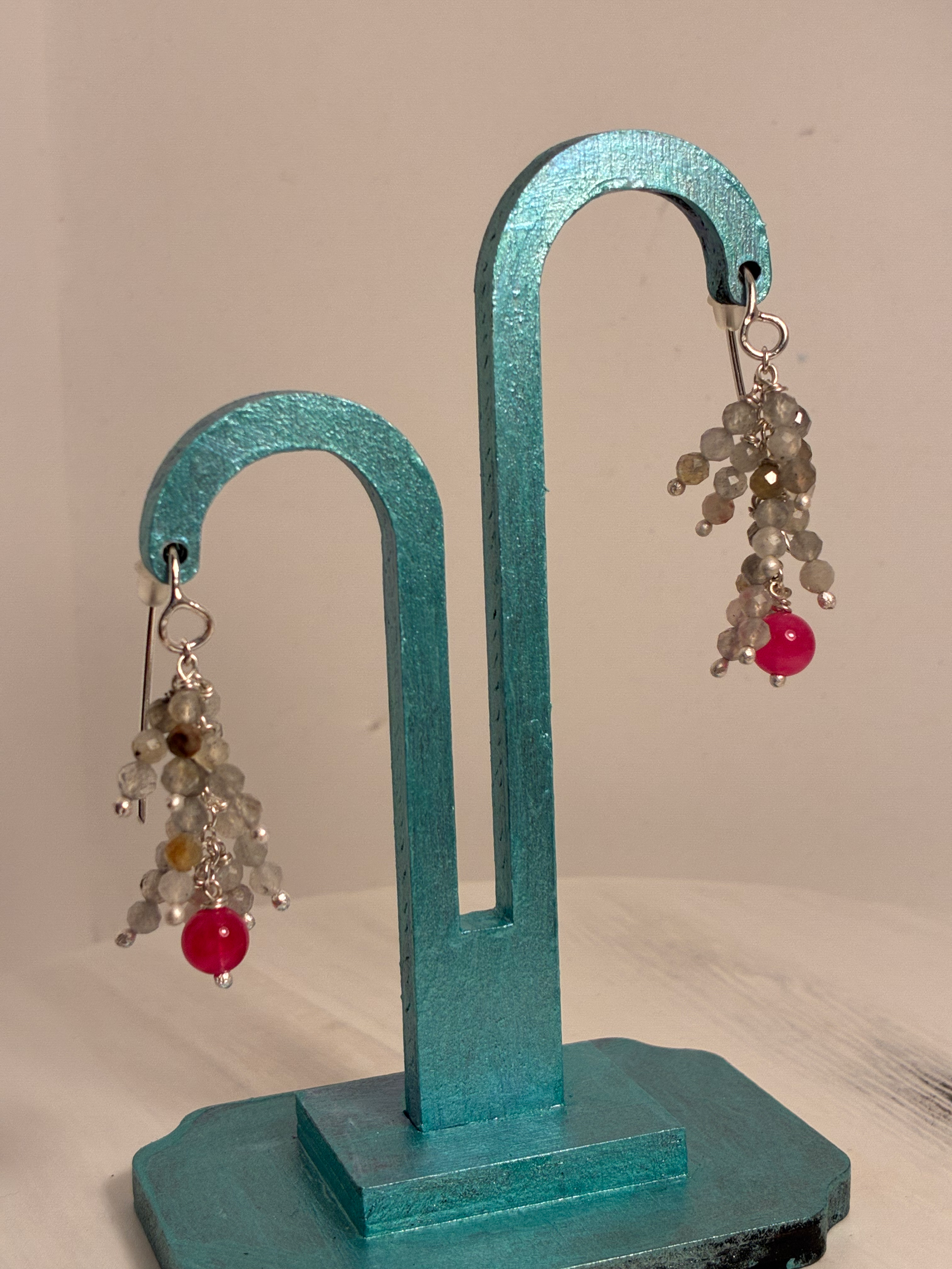 Sterling silver labradorite and pink jade drop earrings 